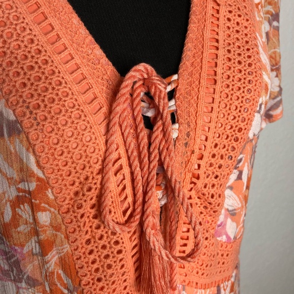 Torrid coral orange white pink floral lace up crinkle maxi dress size 1 or 1X - Picture 9 of 16